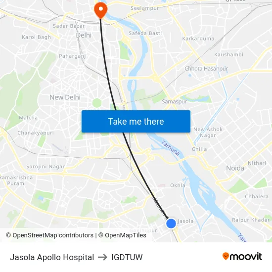 Jasola Apollo Hospital to IGDTUW map