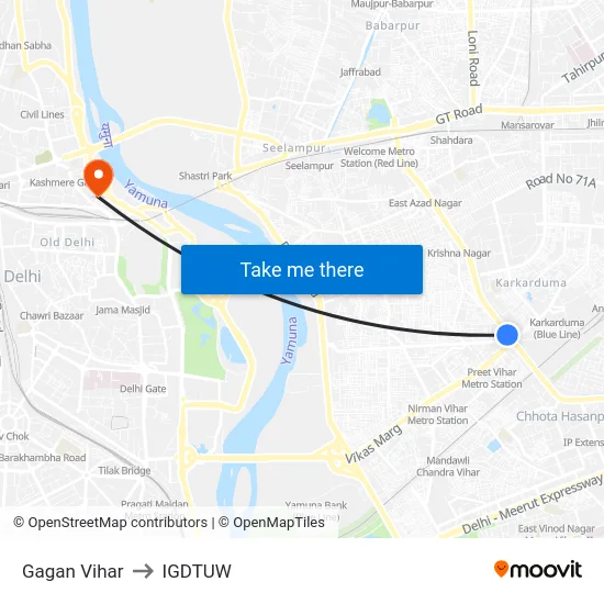 Gagan Vihar to IGDTUW map
