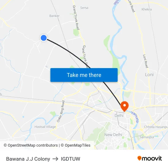 Bawana J.J Colony to IGDTUW map