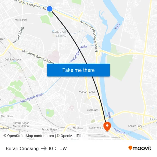 Burari Crossing to IGDTUW map