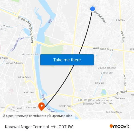 Karawal Nagar Terminal to IGDTUW map