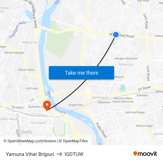 Yamuna Vihar Brijpuri to IGDTUW map