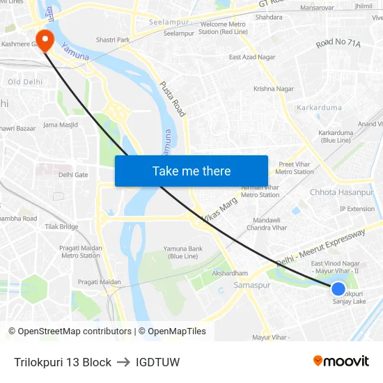 Trilokpuri 13 Block to IGDTUW map