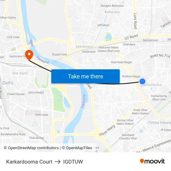 Karkardooma Court to IGDTUW map