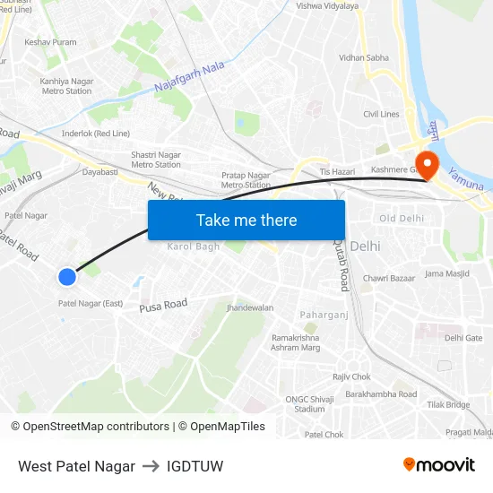 West Patel Nagar to IGDTUW map