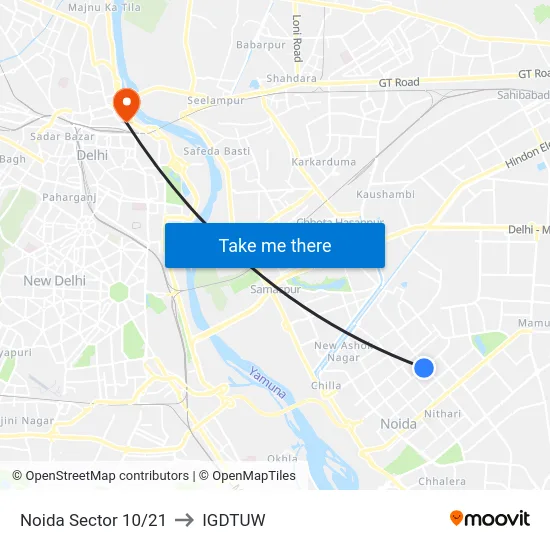 Noida Sector 10/21 to IGDTUW map