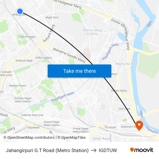 Jahangirpuri G.T Road (Metro Station) to IGDTUW map