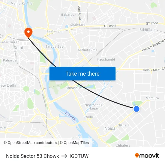 Noida Sector 53 Chowk to IGDTUW map