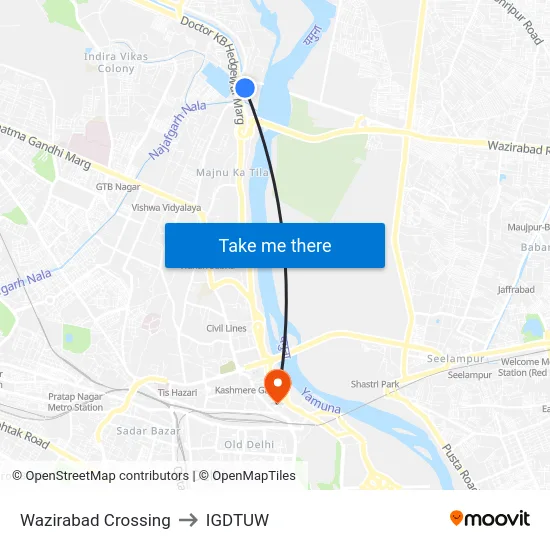 Wazirabad Crossing to IGDTUW map