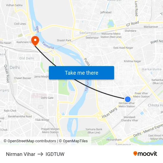 Nirman Vihar to IGDTUW map