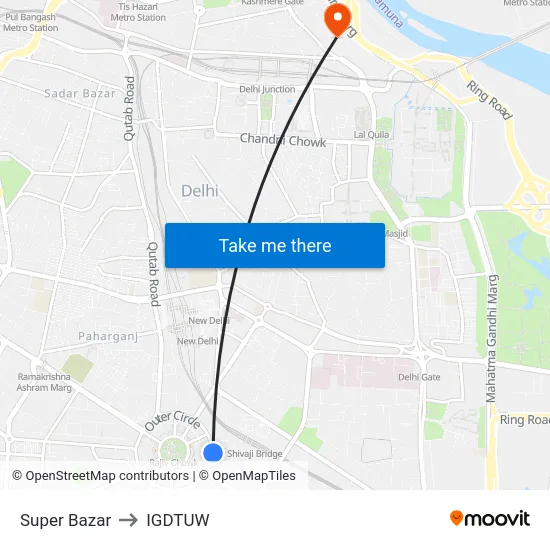 Super Bazar to IGDTUW map