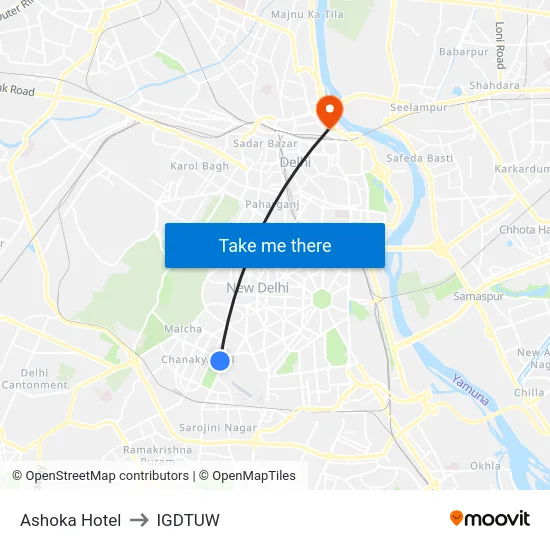 Ashoka Hotel to IGDTUW map