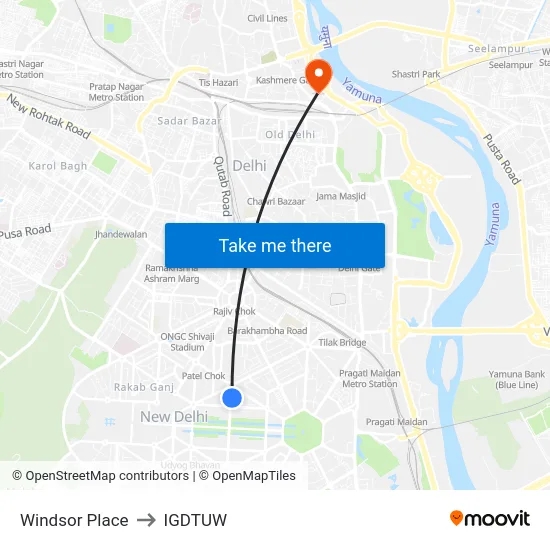 Windsor Place to IGDTUW map