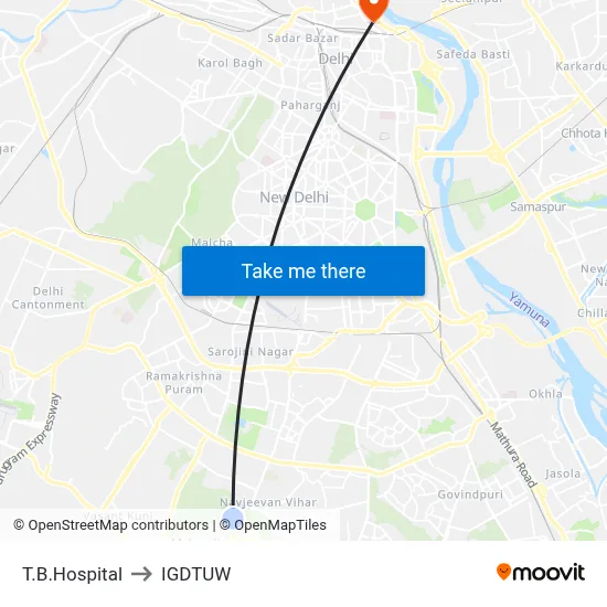T.B.Hospital to IGDTUW map