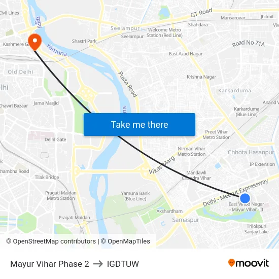 Mayur Vihar Phase 2 to IGDTUW map