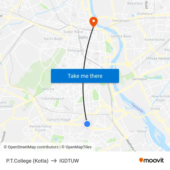 P.T.College (Kotla) to IGDTUW map