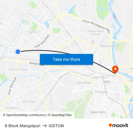 B Block Mangolpuri to IGDTUW map