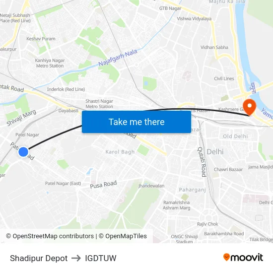 Shadipur Depot to IGDTUW map