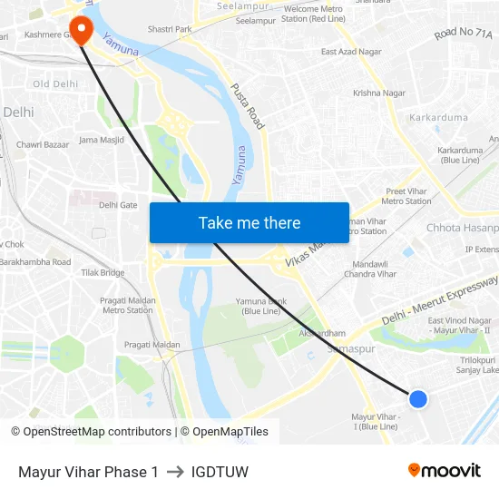 Mayur Vihar Phase 1 to IGDTUW map