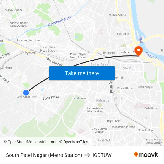 South Patel Nagar (Metro Station) to IGDTUW map