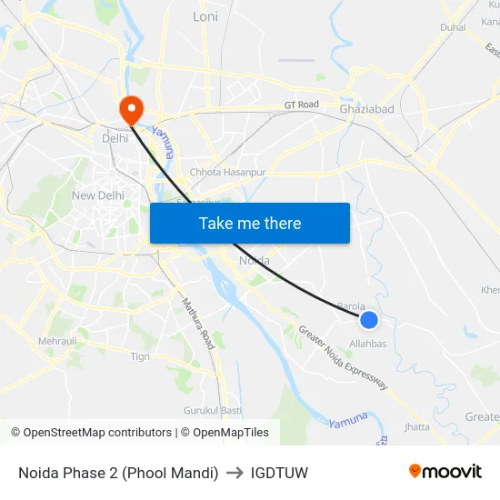 Noida Phase 2 (Phool Mandi) to IGDTUW map