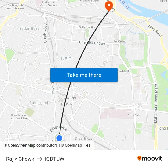 Rajiv Chowk to IGDTUW map