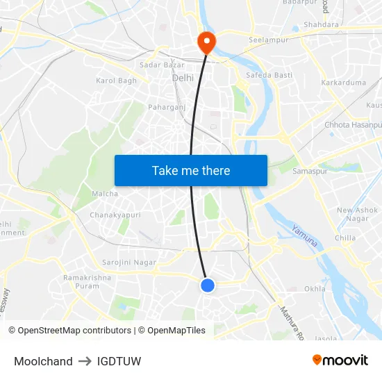 Moolchand to IGDTUW map