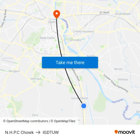 N.H.P.C Chowk to IGDTUW map
