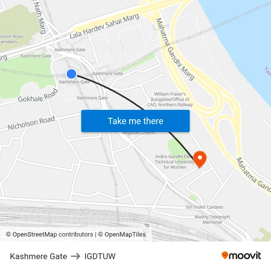 Kashmere Gate to IGDTUW map