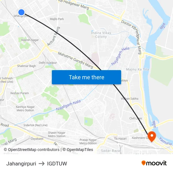 Jahangirpuri to IGDTUW map