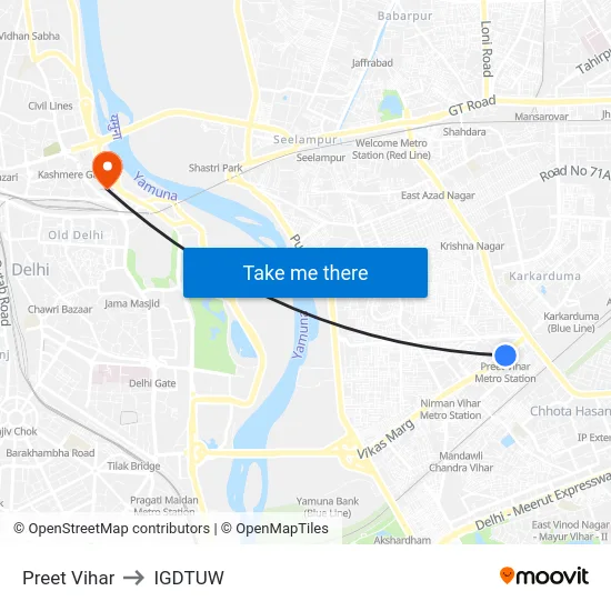 Preet Vihar to IGDTUW map