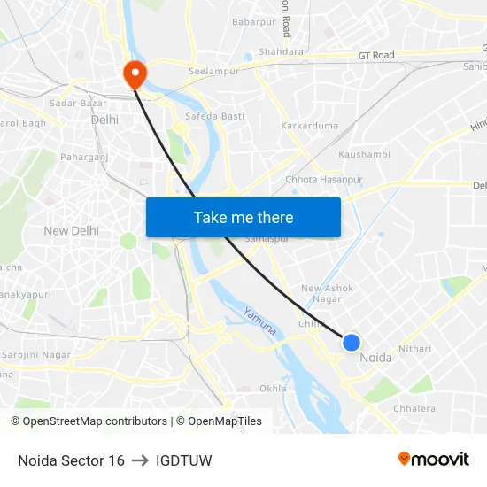 Noida Sector 16 to IGDTUW map