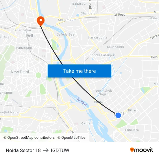 Noida Sector 18 to IGDTUW map