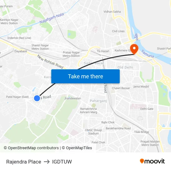 Rajendra Place to IGDTUW map