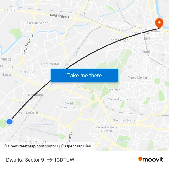 Dwarka Sector 9 to IGDTUW map