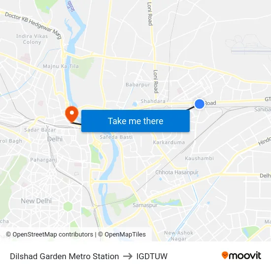 Dilshad Garden Metro Station to IGDTUW map