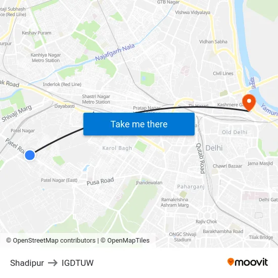Shadipur to IGDTUW map