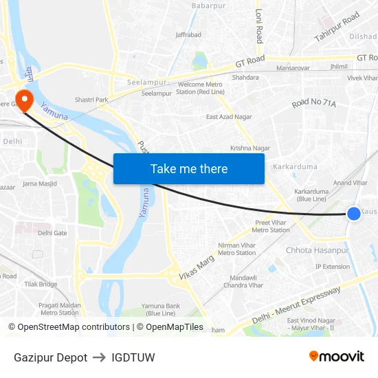 Gazipur Depot to IGDTUW map
