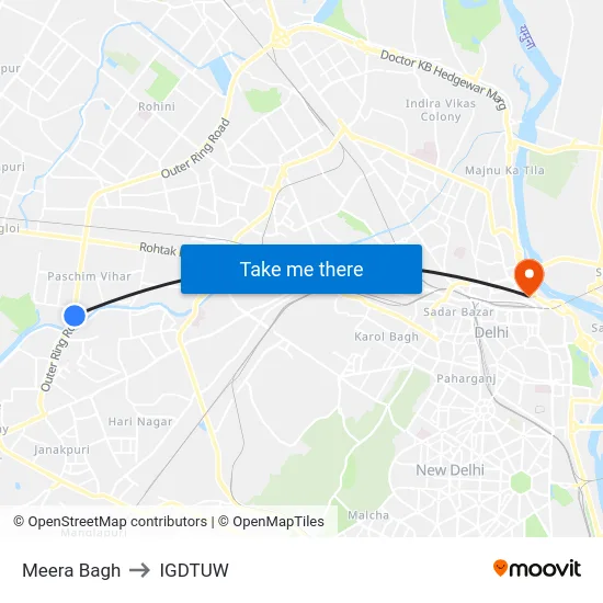 Meera Bagh to IGDTUW map