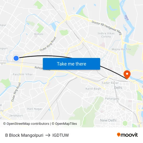 B Block Mangolpuri to IGDTUW map