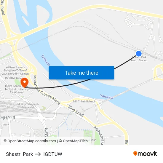Shastri Park to IGDTUW map