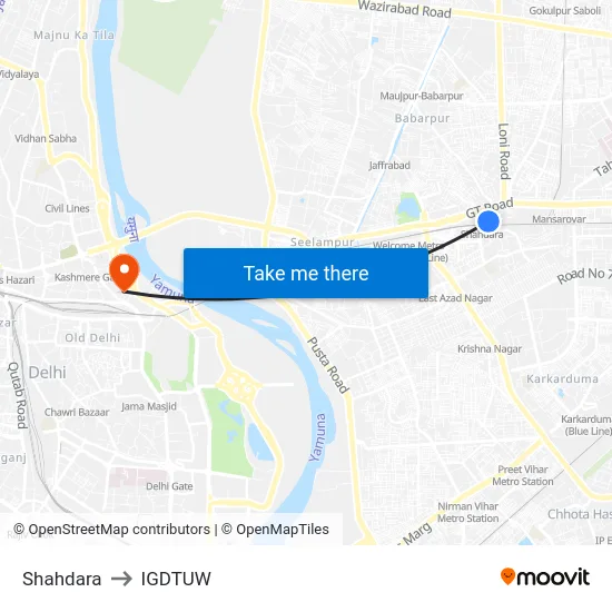 Shahdara to IGDTUW map