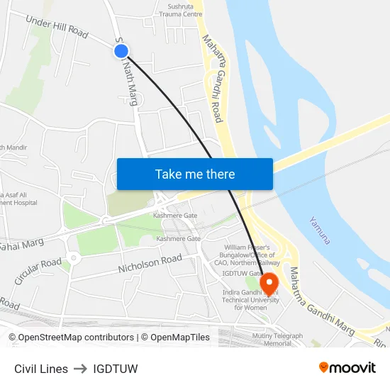 Civil Lines to IGDTUW map
