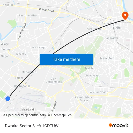 Dwarka Sector 8 to IGDTUW map