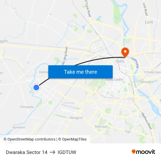 Dwaraka Sector 14 to IGDTUW map