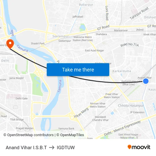 Anand Vihar I.S.B.T to IGDTUW map
