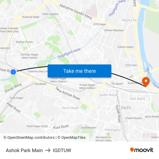 Ashok Park Main to IGDTUW map