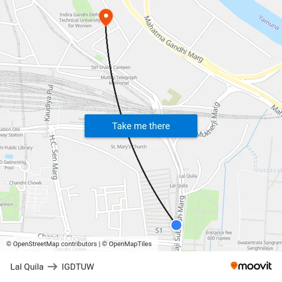 Lal Quila to IGDTUW map