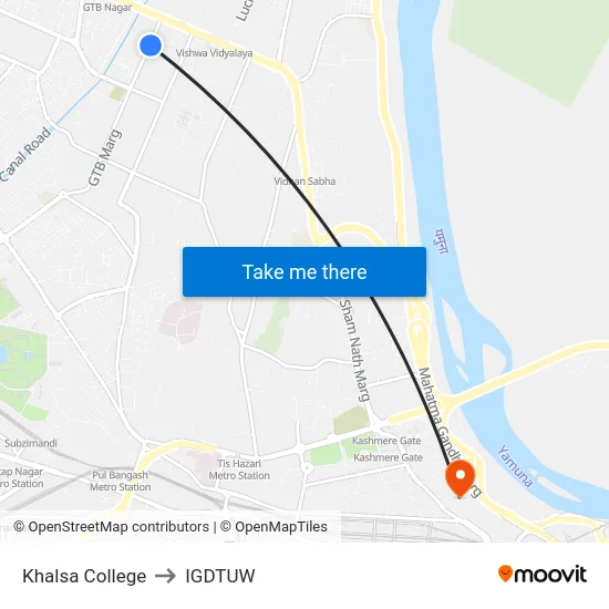 Khalsa College to IGDTUW map