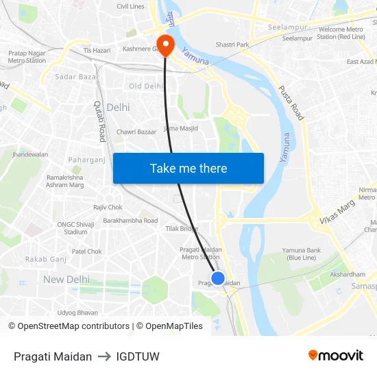 Pragati Maidan to IGDTUW map